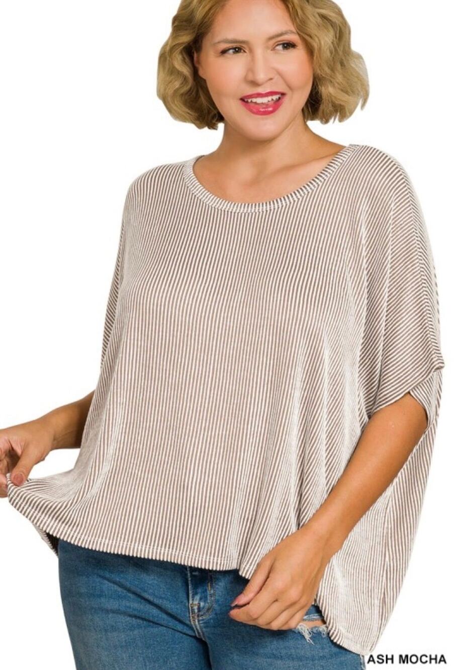 Zenana Ash Mocha Ribbed Relaxed Fit Top - 1X/2X